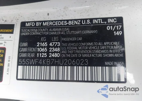 2017 Mercedes-Benz C 300 4Matic from USA, damaged, VIN 55SWF4KB7HU206023